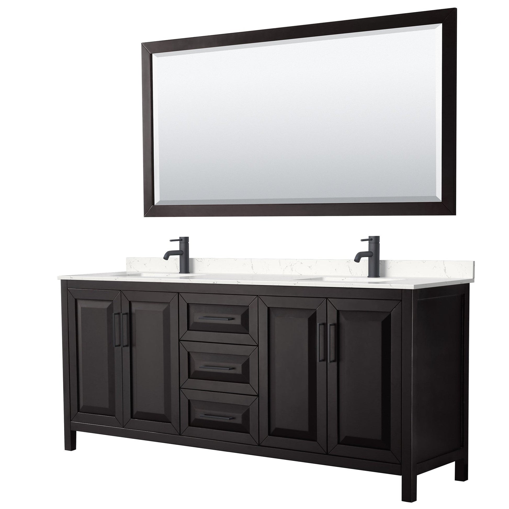 Wyndham Collection Daria 80" Double Bathroom Vanity in Dark Espresso, Carrara Cultured Marble Countertop, Undermount Square Sinks, Matte Black Trim, 70" Mirror