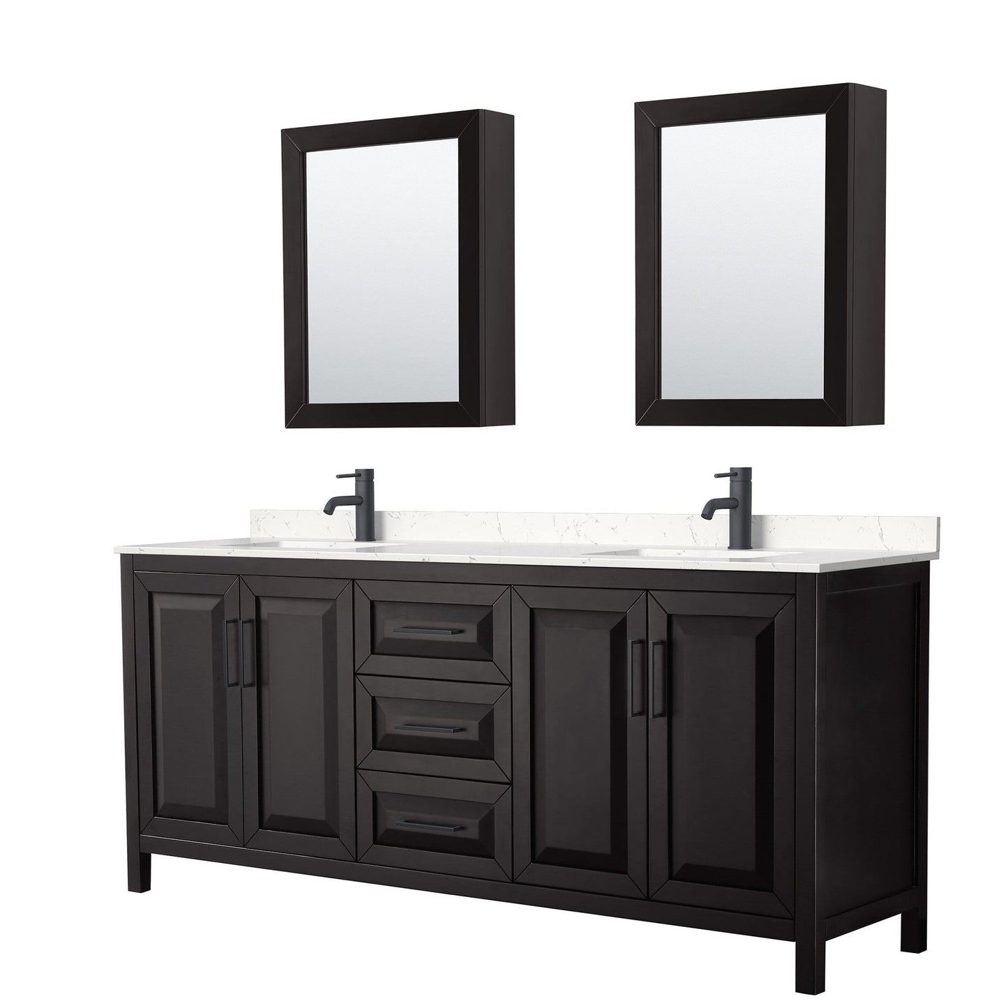 Wyndham Collection Daria 80" Double Bathroom Vanity in Dark Espresso, Carrara Cultured Marble Countertop, Undermount Square Sinks, Matte Black Trim, Medicine Cabinets