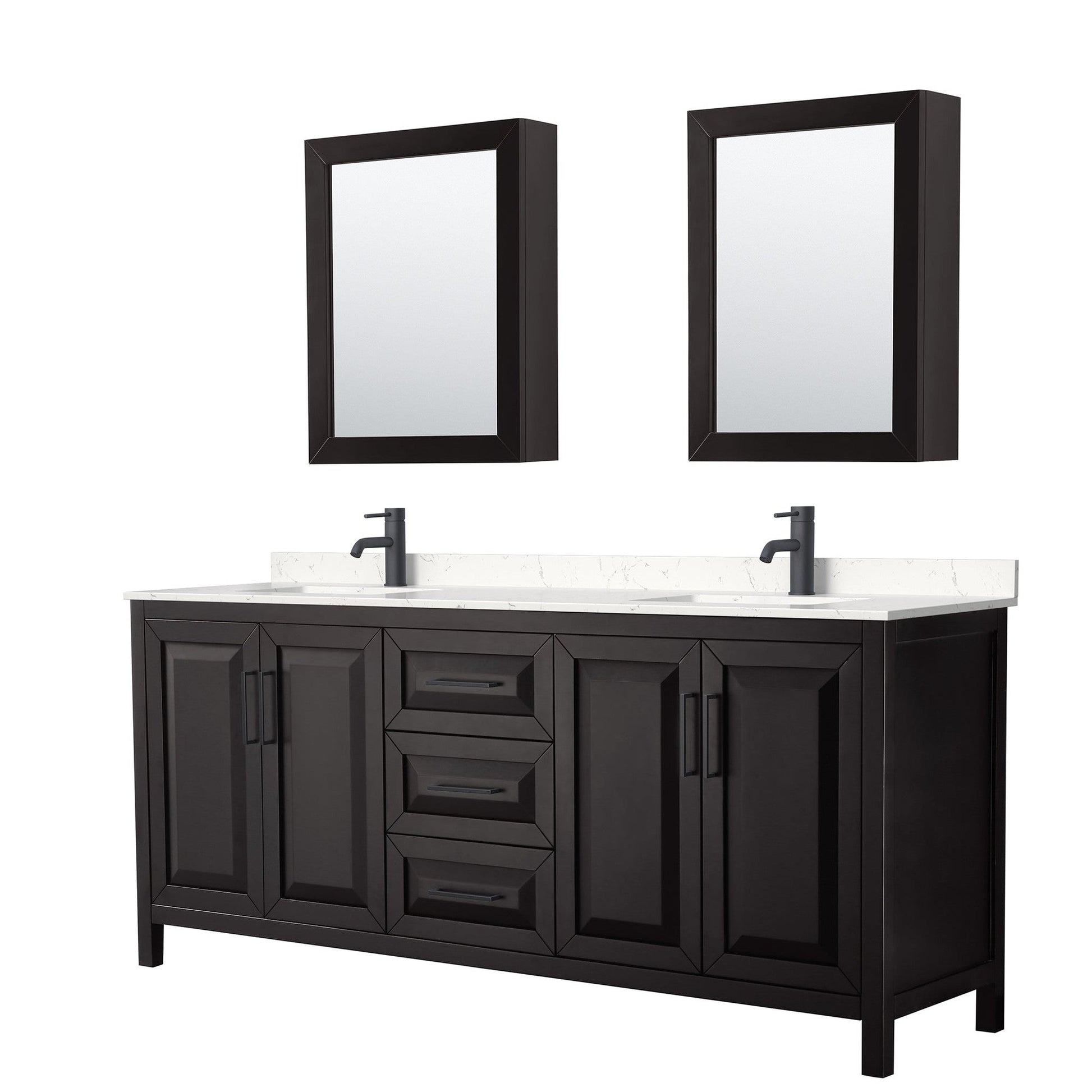 Wyndham Collection Daria 80" Double Bathroom Vanity in Dark Espresso, Carrara Cultured Marble Countertop, Undermount Square Sinks, Matte Black Trim, Medicine Cabinets