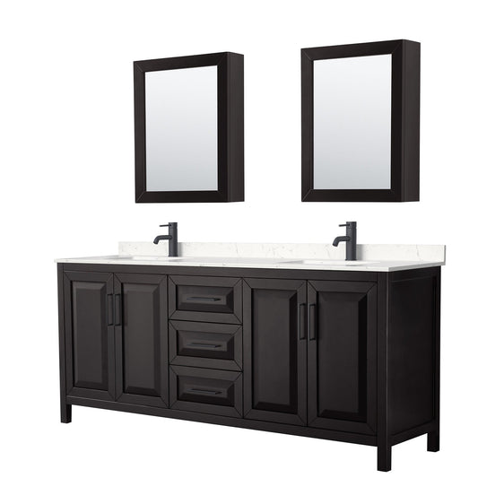 Wyndham Collection Daria 80" Double Bathroom Vanity in Dark Espresso, Carrara Cultured Marble Countertop, Undermount Square Sinks, Matte Black Trim, Medicine Cabinets