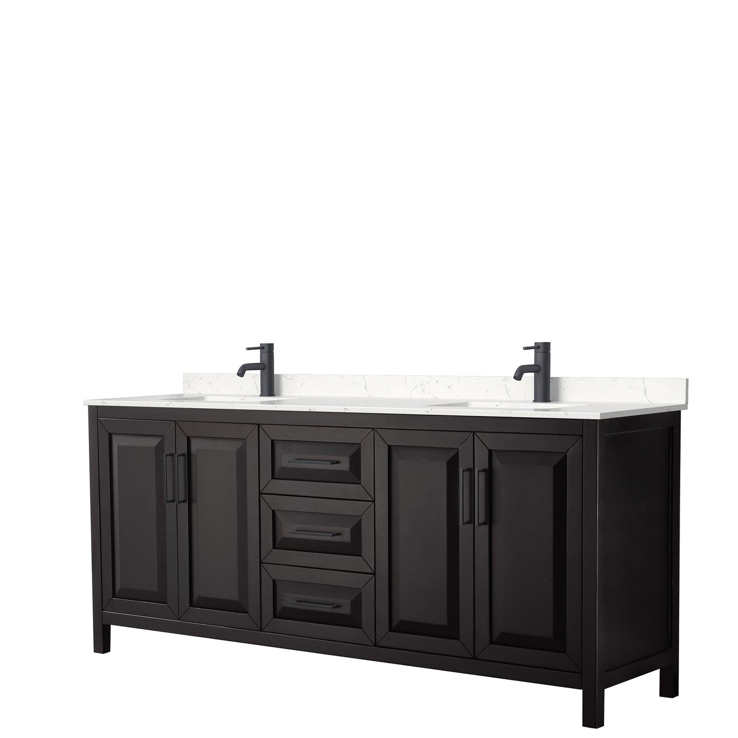 Wyndham Collection Daria 80" Double Bathroom Vanity in Dark Espresso, Carrara Cultured Marble Countertop, Undermount Square Sinks, Matte Black Trim