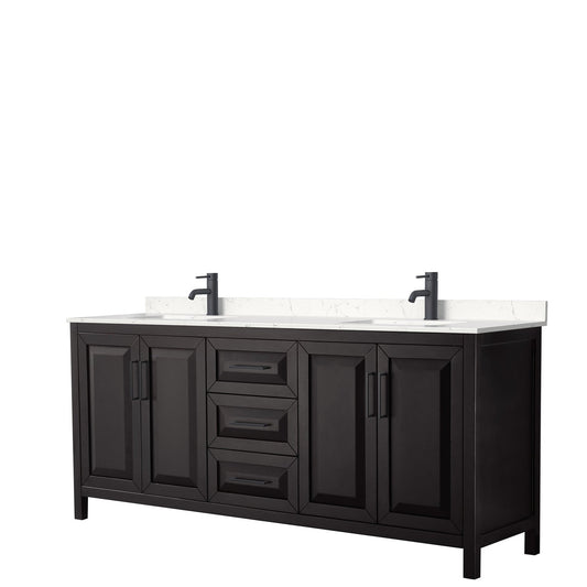 Wyndham Collection Daria 80" Double Bathroom Vanity in Dark Espresso, Carrara Cultured Marble Countertop, Undermount Square Sinks, Matte Black Trim
