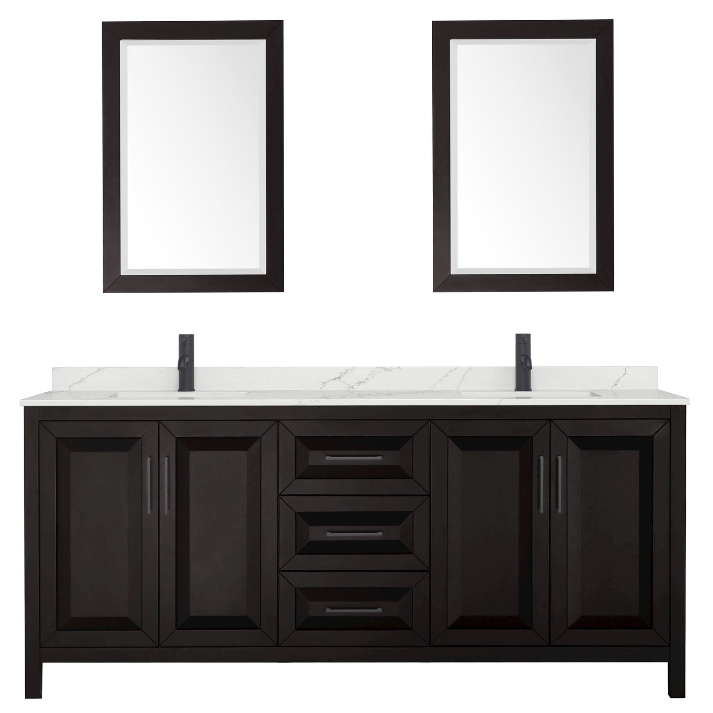 Wyndham Collection Daria 80" Double Bathroom Vanity in Dark Espresso, Giotto Quartz Countertop, Undermount Square Sinks (1-Hole), Matte Black Trim, 24" Mirrors
