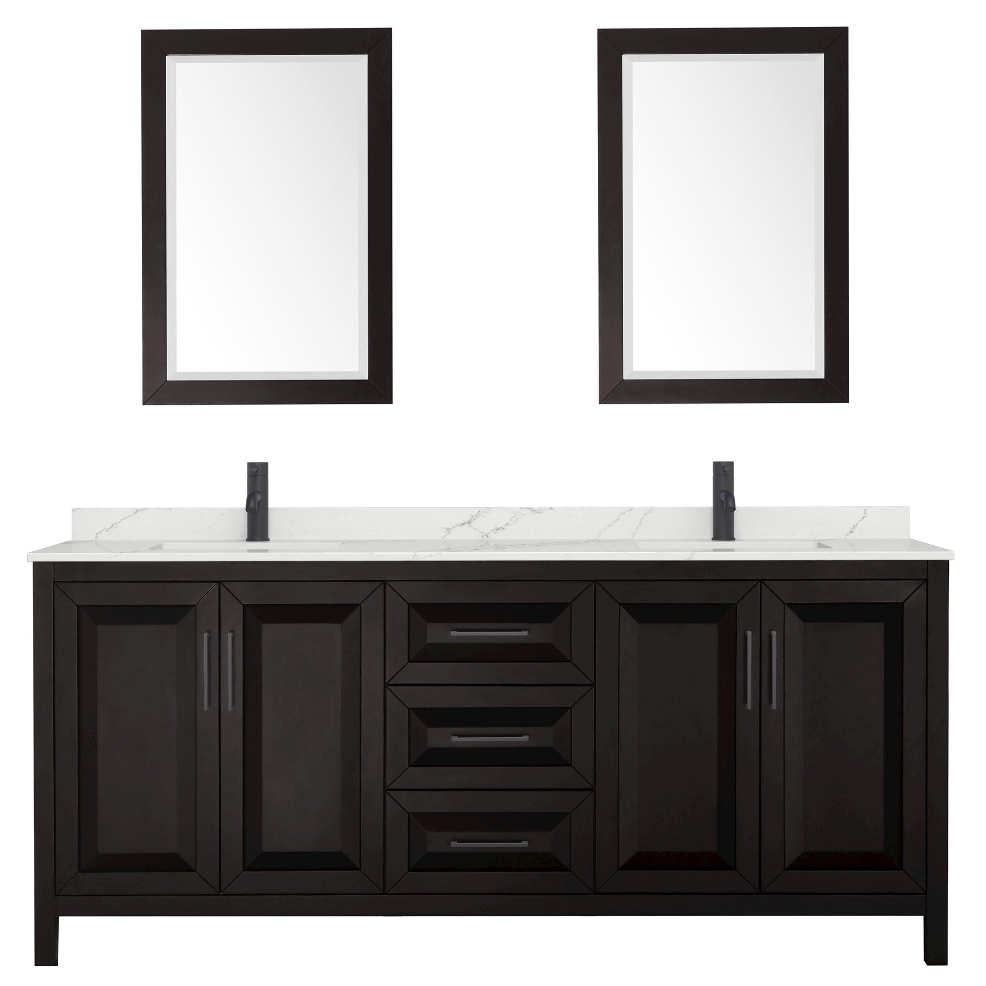 Wyndham Collection Daria 80" Double Bathroom Vanity in Dark Espresso, Giotto Quartz Countertop, Undermount Square Sinks (1-Hole), Matte Black Trim, 24" Mirrors