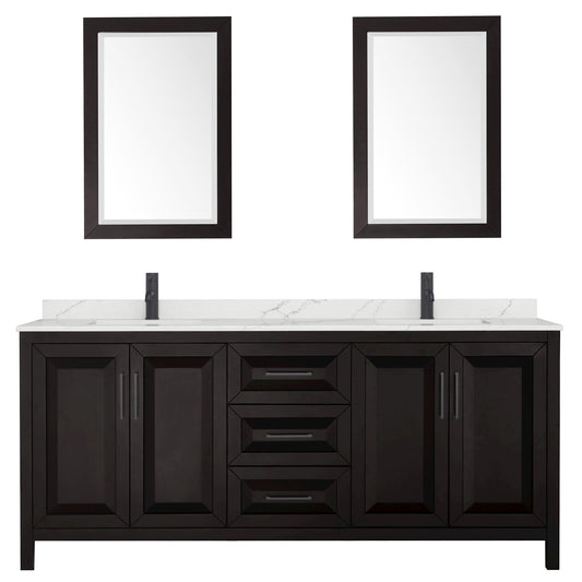Wyndham Collection Daria 80" Double Bathroom Vanity in Dark Espresso, Giotto Quartz Countertop, Undermount Square Sinks (1-Hole), Matte Black Trim, 24" Mirrors