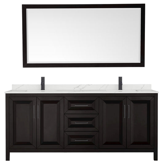 Wyndham Collection Daria 80" Double Bathroom Vanity in Dark Espresso, Giotto Quartz Countertop, Undermount Square Sinks (1-Hole), Matte Black Trim, 70" Mirror