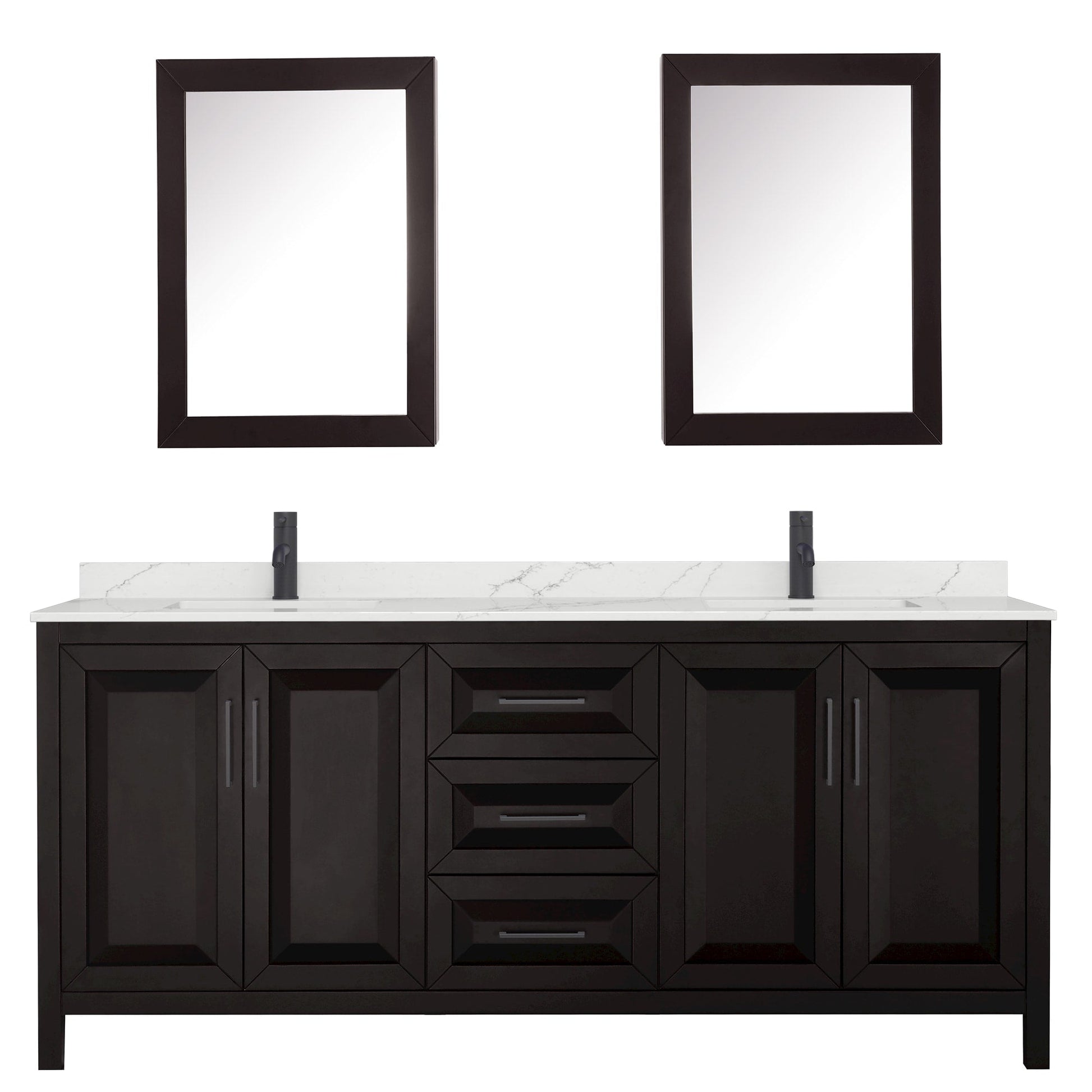 Wyndham Collection Daria 80" Double Bathroom Vanity in Dark Espresso, Giotto Quartz Countertop, Undermount Square Sinks (1-Hole), Matte Black Trim, Medicine Cabinets