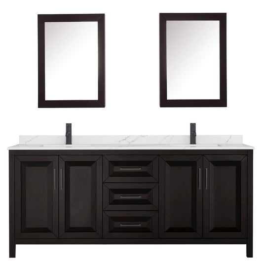 Wyndham Collection Daria 80" Double Bathroom Vanity in Dark Espresso, Giotto Quartz Countertop, Undermount Square Sinks (1-Hole), Matte Black Trim, Medicine Cabinets