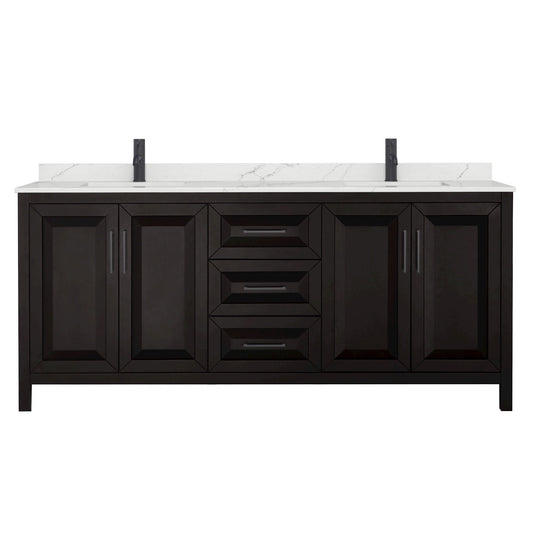 Wyndham Collection Daria 80" Double Bathroom Vanity in Dark Espresso, Giotto Quartz Countertop, Undermount Square Sinks (1-Hole), Matte Black Trim