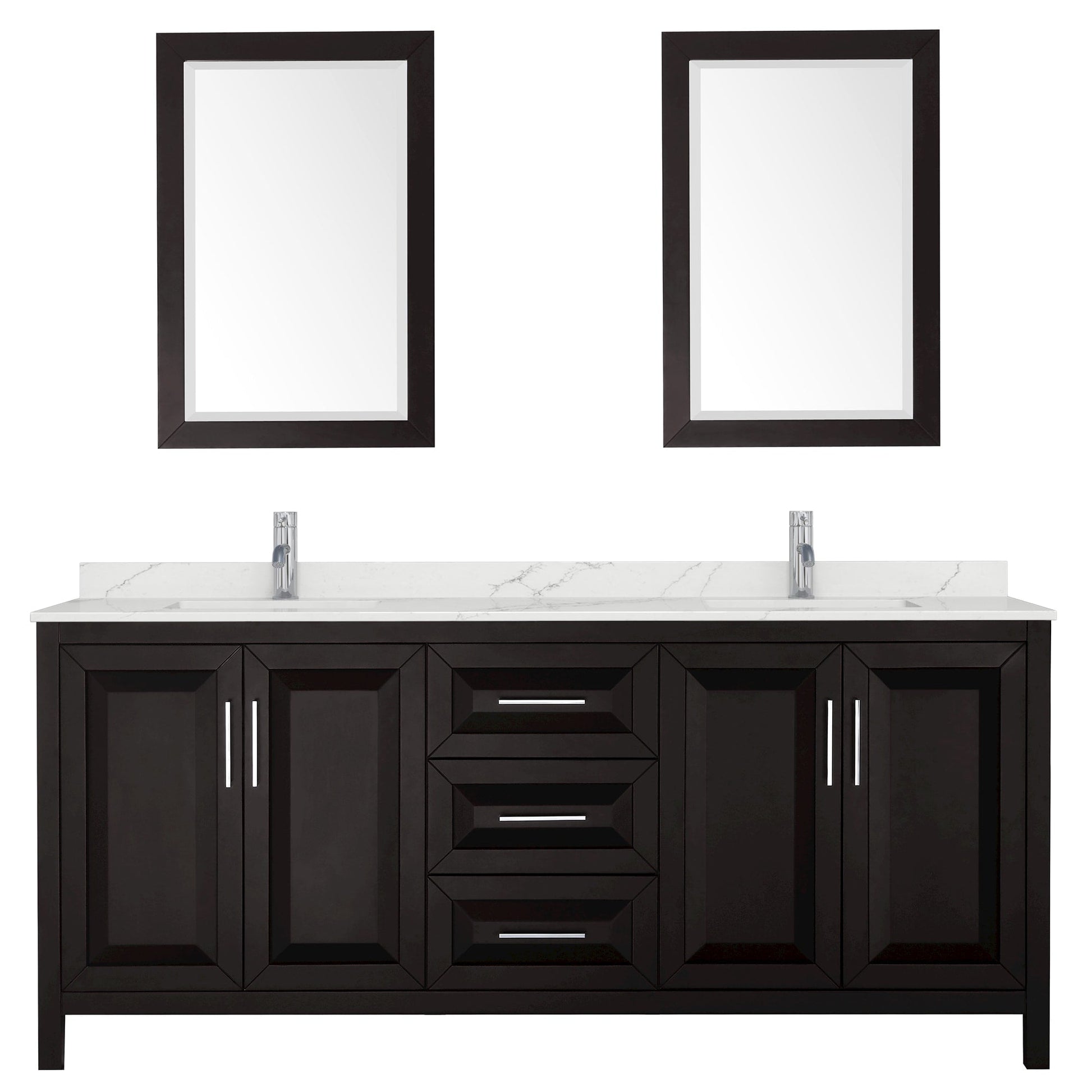 Wyndham Collection Daria 80" Double Bathroom Vanity in Dark Espresso, Giotto Quartz Countertop, Undermount Square Sinks (1-Hole), Polished Chrome Trim, 24" Mirrors