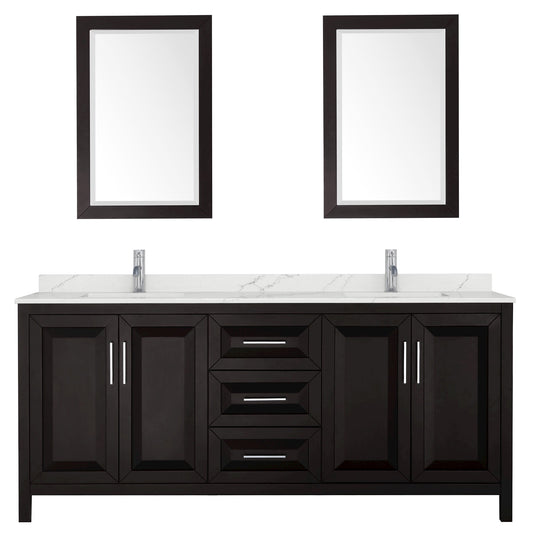 Wyndham Collection Daria 80" Double Bathroom Vanity in Dark Espresso, Giotto Quartz Countertop, Undermount Square Sinks (1-Hole), Polished Chrome Trim, 24" Mirrors