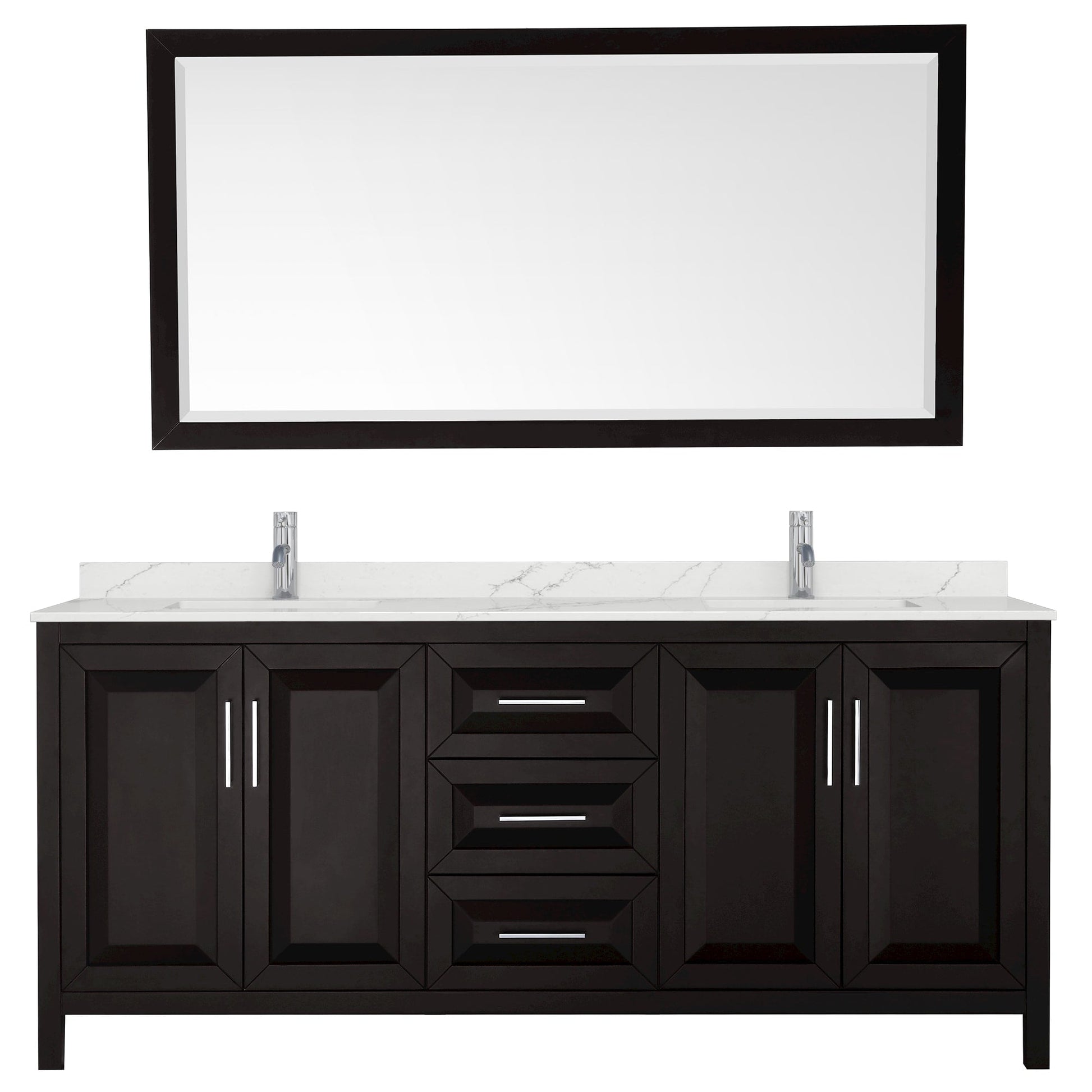 Wyndham Collection Daria 80" Double Bathroom Vanity in Dark Espresso, Giotto Quartz Countertop, Undermount Square Sinks (1-Hole), Polished Chrome Trim, 70" Mirror
