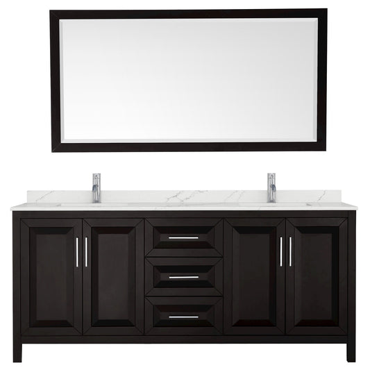 Wyndham Collection Daria 80" Double Bathroom Vanity in Dark Espresso, Giotto Quartz Countertop, Undermount Square Sinks (1-Hole), Polished Chrome Trim, 70" Mirror