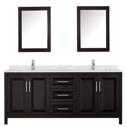 Wyndham Collection Daria 80" Double Bathroom Vanity in Dark Espresso, Giotto Quartz Countertop, Undermount Square Sinks (1-Hole), Polished Chrome Trim, Medicine Cabinets