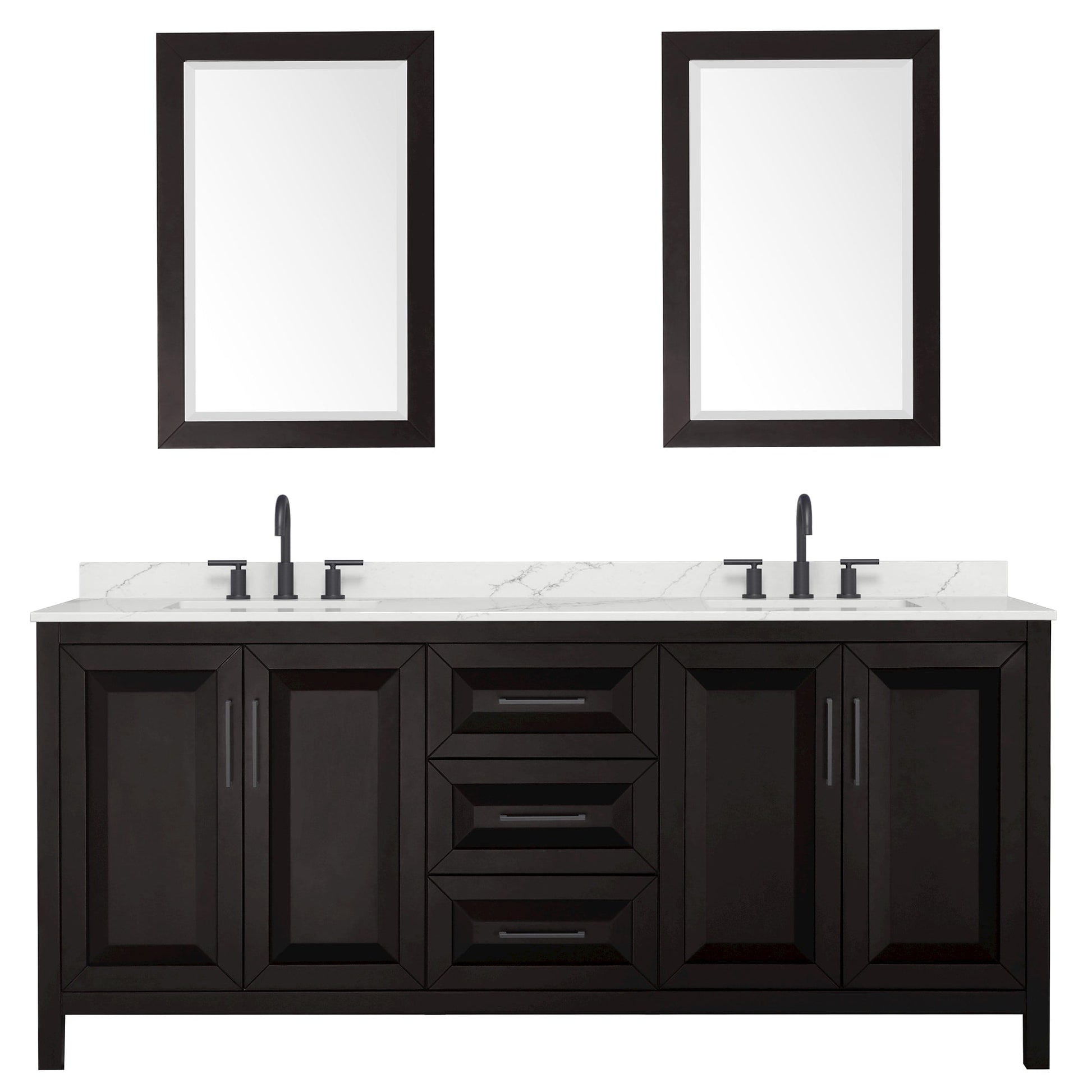 Wyndham Collection Daria 80" Double Bathroom Vanity in Dark Espresso, Giotto Quartz Countertop, Undermount Square Sinks (3-Hole), Matte Black Trim, 24" Mirrors