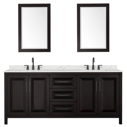Wyndham Collection Daria 80" Double Bathroom Vanity in Dark Espresso, Giotto Quartz Countertop, Undermount Square Sinks (3-Hole), Matte Black Trim, 24" Mirrors