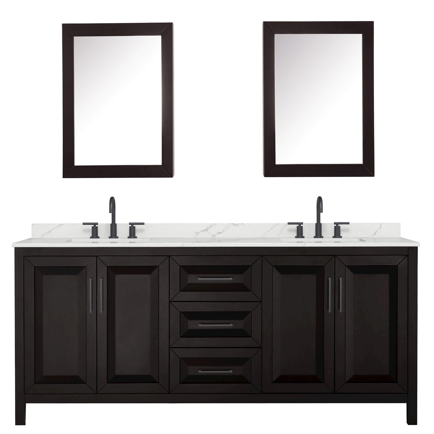 Wyndham Collection Daria 80" Double Bathroom Vanity in Dark Espresso, Giotto Quartz Countertop, Undermount Square Sinks (3-Hole), Matte Black Trim, Medicine Cabinets