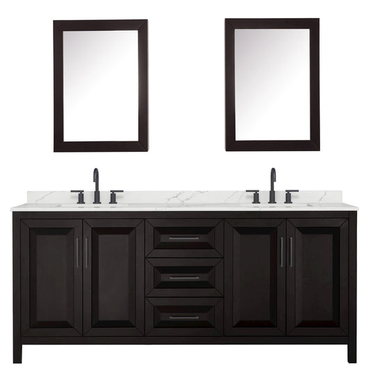 Wyndham Collection Daria 80" Double Bathroom Vanity in Dark Espresso, Giotto Quartz Countertop, Undermount Square Sinks (3-Hole), Matte Black Trim, Medicine Cabinets