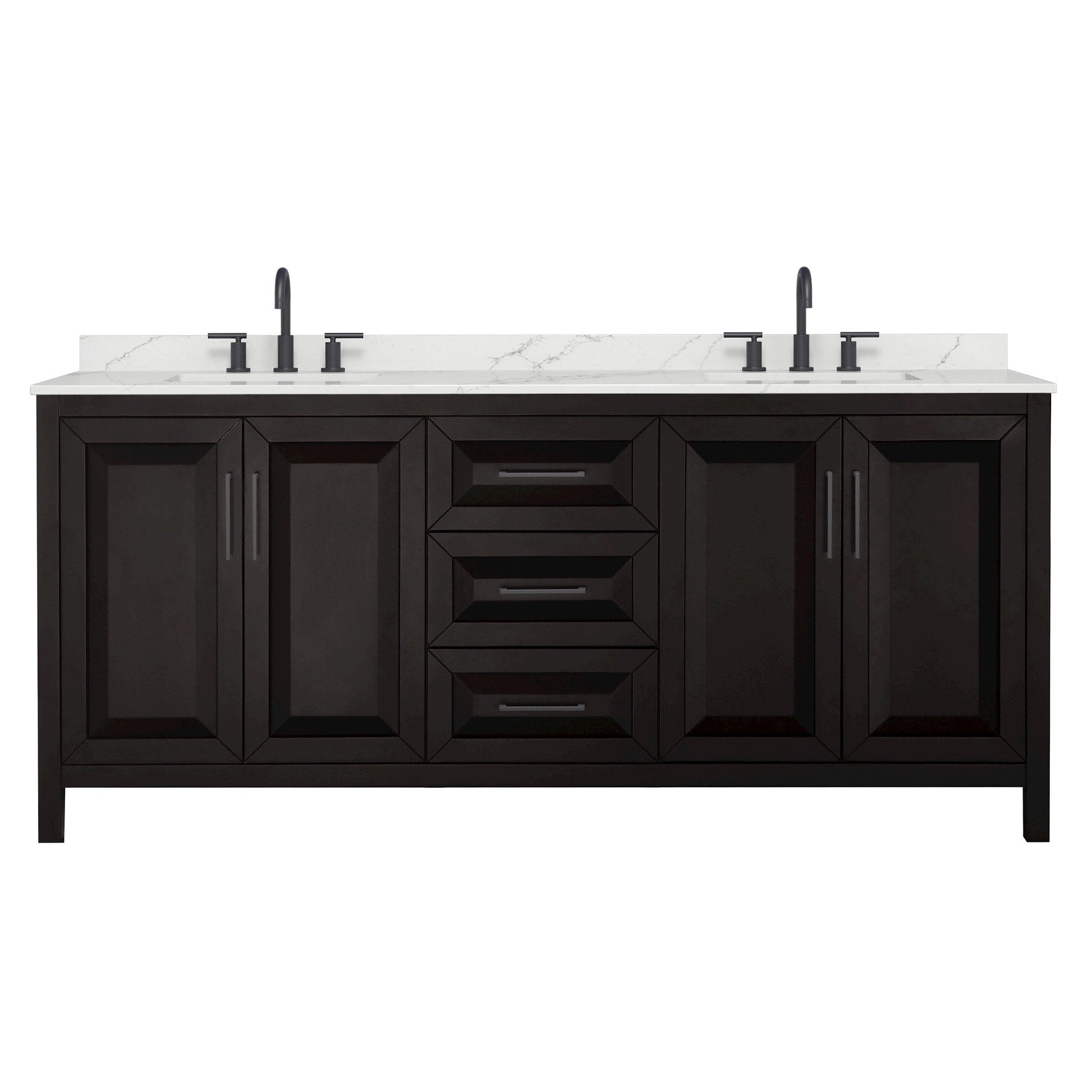 Wyndham Collection Daria 80" Double Bathroom Vanity in Dark Espresso, Giotto Quartz Countertop, Undermount Square Sinks (3-Hole), Matte Black Trim