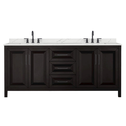 Wyndham Collection Daria 80" Double Bathroom Vanity in Dark Espresso, Giotto Quartz Countertop, Undermount Square Sinks (3-Hole), Matte Black Trim