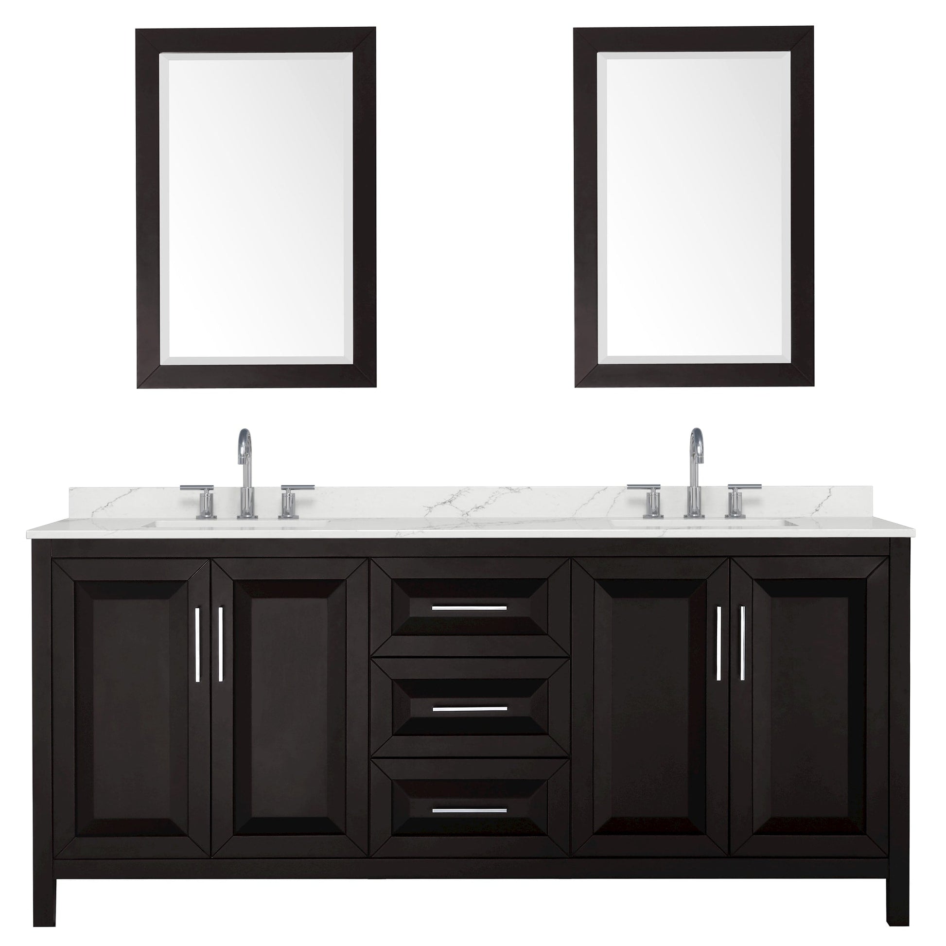 Wyndham Collection Daria 80" Double Bathroom Vanity in Dark Espresso, Giotto Quartz Countertop, Undermount Square Sinks (3-Hole), Polished Chrome Trim, 24" Mirrors