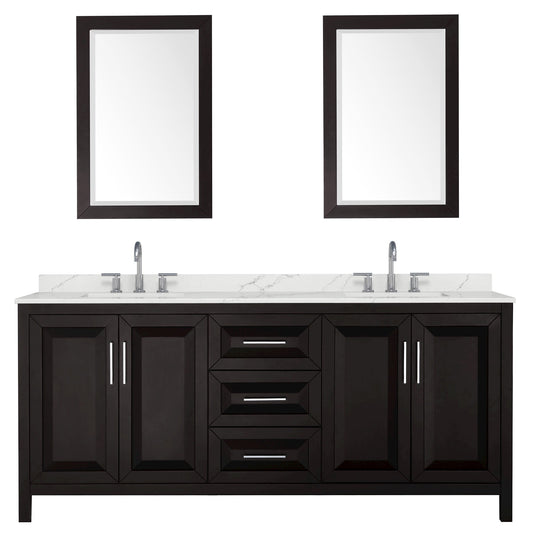 Wyndham Collection Daria 80" Double Bathroom Vanity in Dark Espresso, Giotto Quartz Countertop, Undermount Square Sinks (3-Hole), Polished Chrome Trim, 24" Mirrors