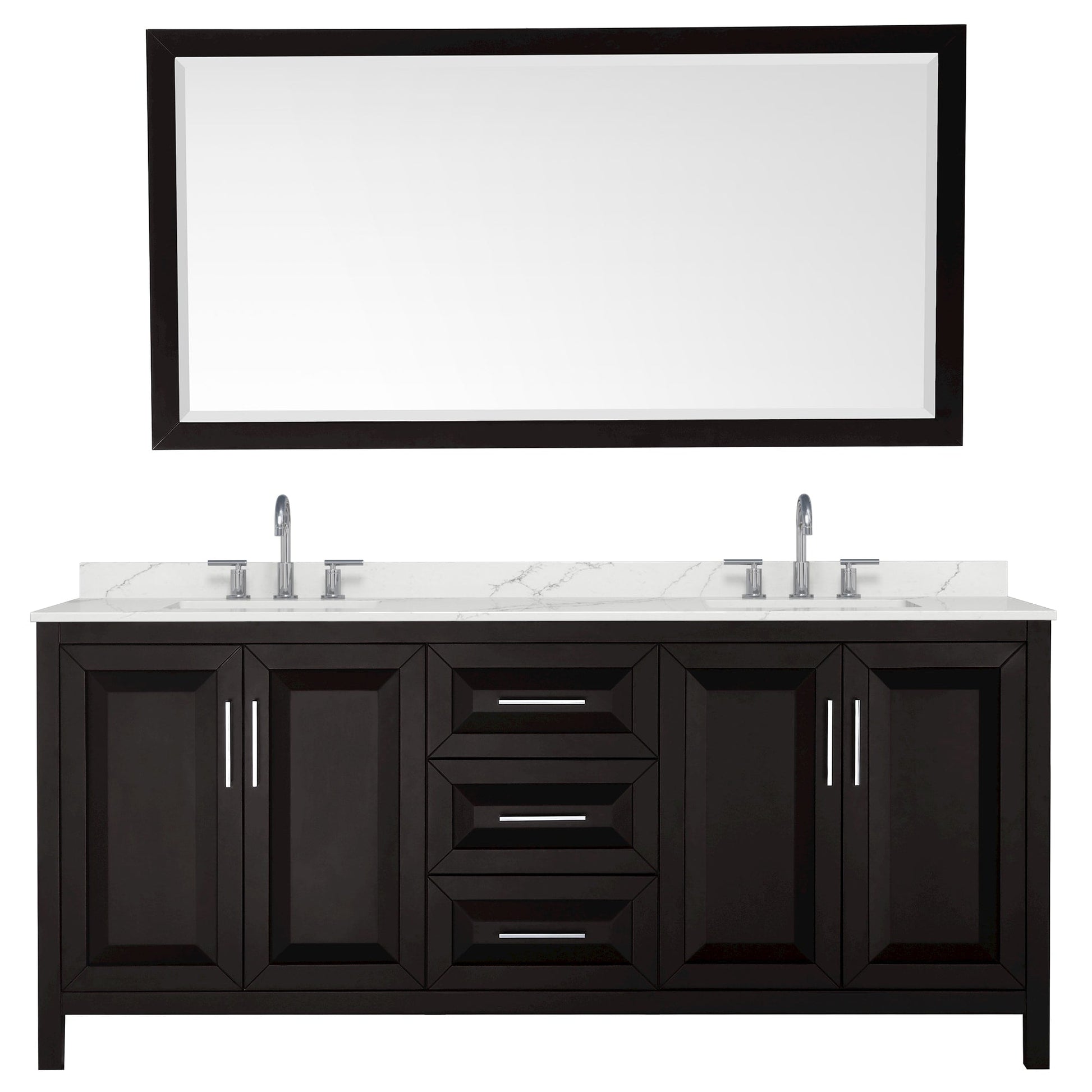Wyndham Collection Daria 80" Double Bathroom Vanity in Dark Espresso, Giotto Quartz Countertop, Undermount Square Sinks (3-Hole), Polished Chrome Trim, 70" Mirror