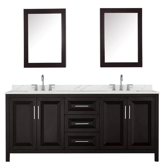Wyndham Collection Daria 80" Double Bathroom Vanity in Dark Espresso, Giotto Quartz Countertop, Undermount Square Sinks (3-Hole), Polished Chrome Trim, Medicine Cabinets