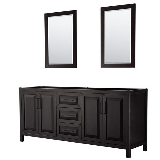 Wyndham Collection Daria 80" Double Bathroom Vanity in Dark Espresso, No Countertop, No Sink, Matte Black Trim, 24" Mirrors