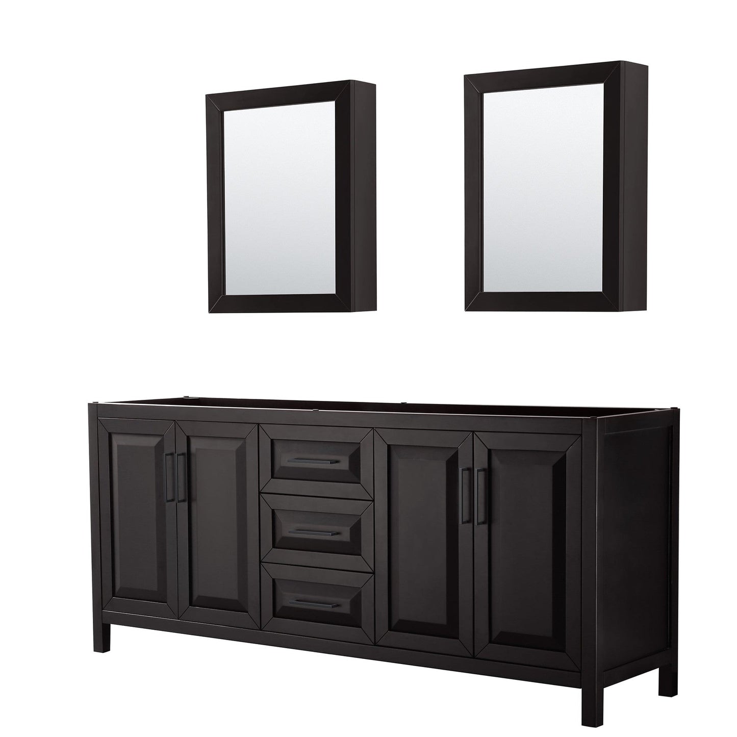 Wyndham Collection Daria 80" Double Bathroom Vanity in Dark Espresso, No Countertop, No Sink, Matte Black Trim, Medicine Cabinets