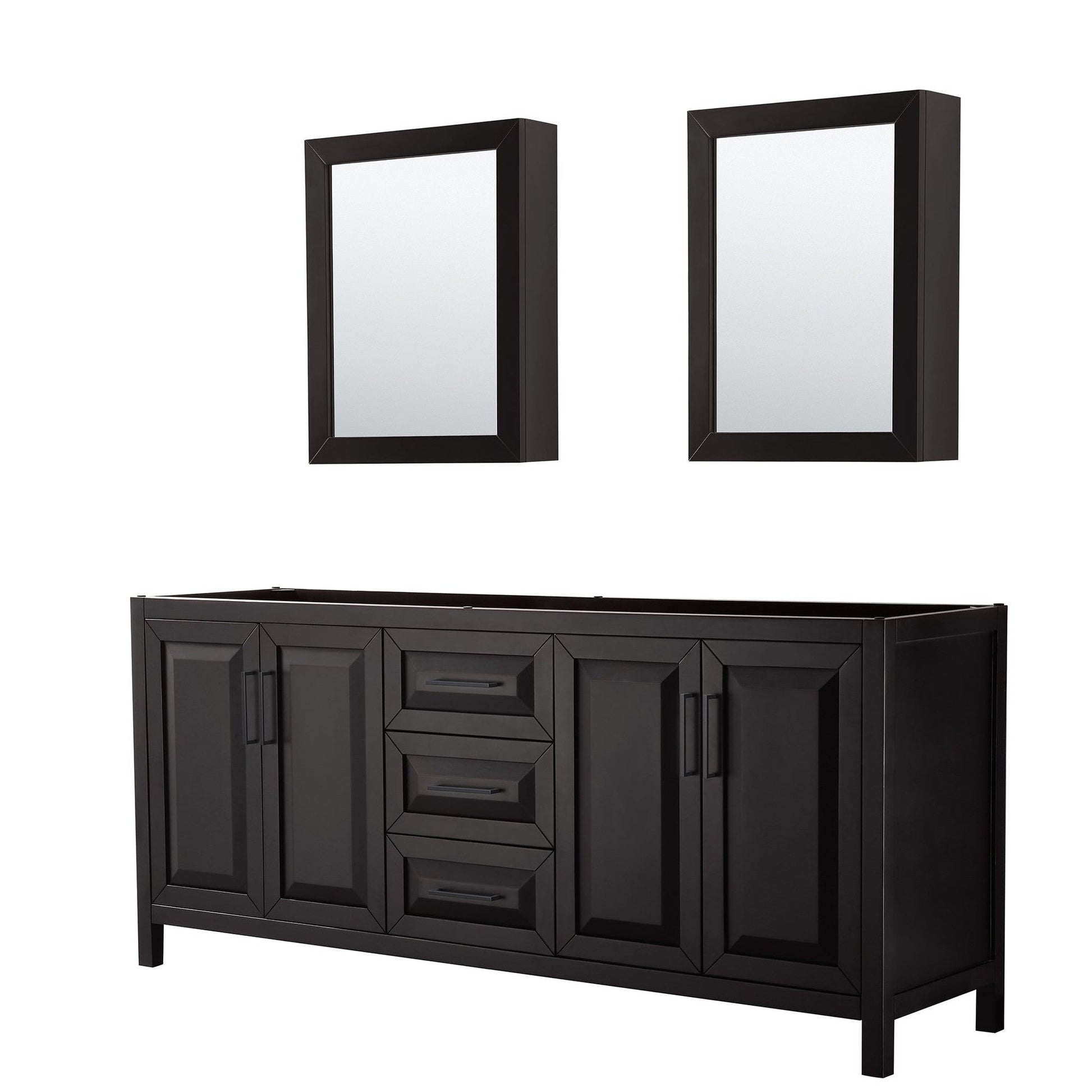 Wyndham Collection Daria 80" Double Bathroom Vanity in Dark Espresso, No Countertop, No Sink, Matte Black Trim, Medicine Cabinets
