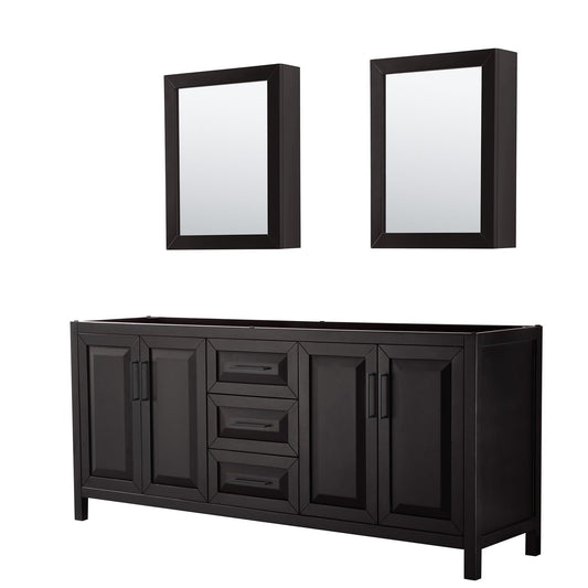 Wyndham Collection Daria 80" Double Bathroom Vanity in Dark Espresso, No Countertop, No Sink, Matte Black Trim, Medicine Cabinets