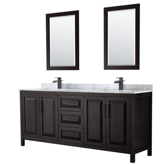 Wyndham Collection Daria 80" Double Bathroom Vanity in Dark Espresso, White Carrara Marble Countertop, Undermount Square Sinks, Matte Black Trim, 24" Mirrors