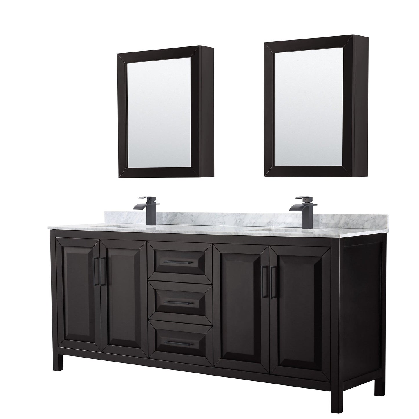 Wyndham Collection Daria 80" Double Bathroom Vanity in Dark Espresso, White Carrara Marble Countertop, Undermount Square Sinks, Matte Black Trim, Medicine Cabinets