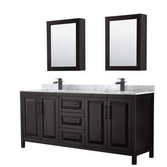 Wyndham Collection Daria 80" Double Bathroom Vanity in Dark Espresso, White Carrara Marble Countertop, Undermount Square Sinks, Matte Black Trim, Medicine Cabinets