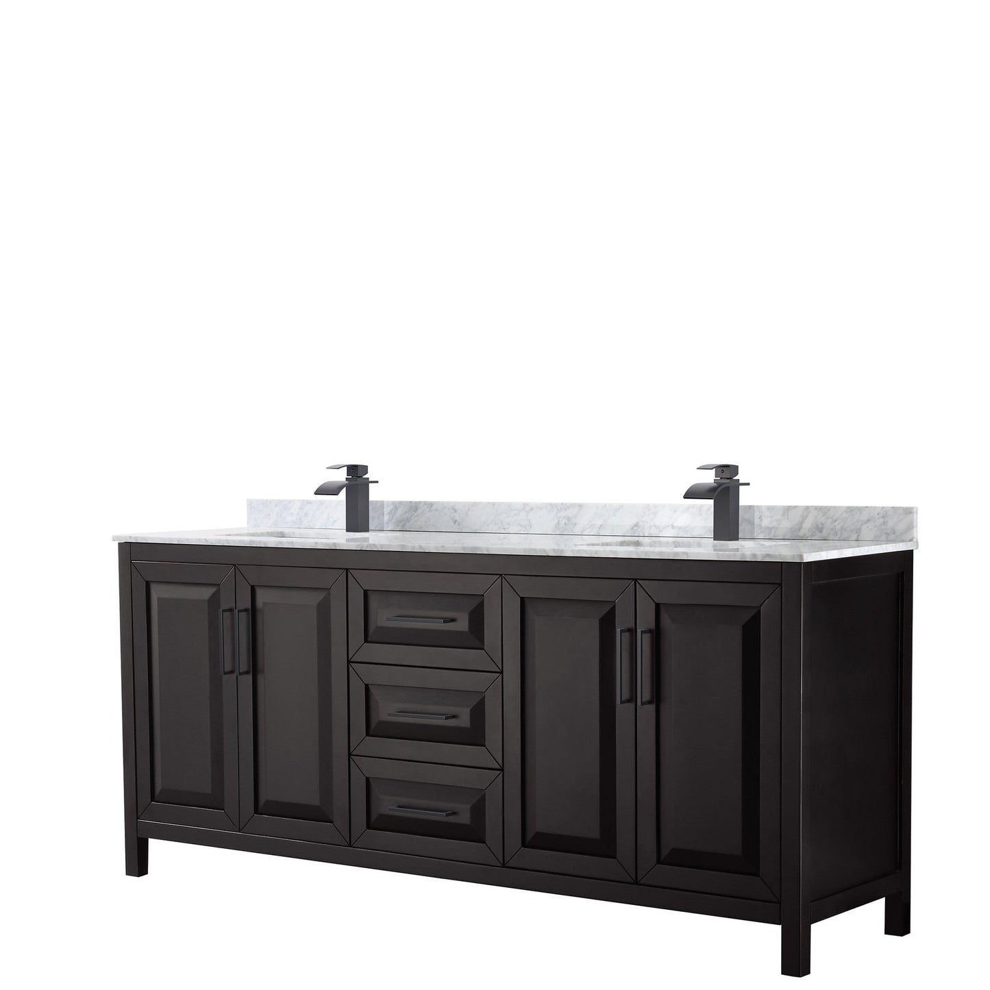 Wyndham Collection Daria 80" Double Bathroom Vanity in Dark Espresso, White Carrara Marble Countertop, Undermount Square Sinks, Matte Black Trim
