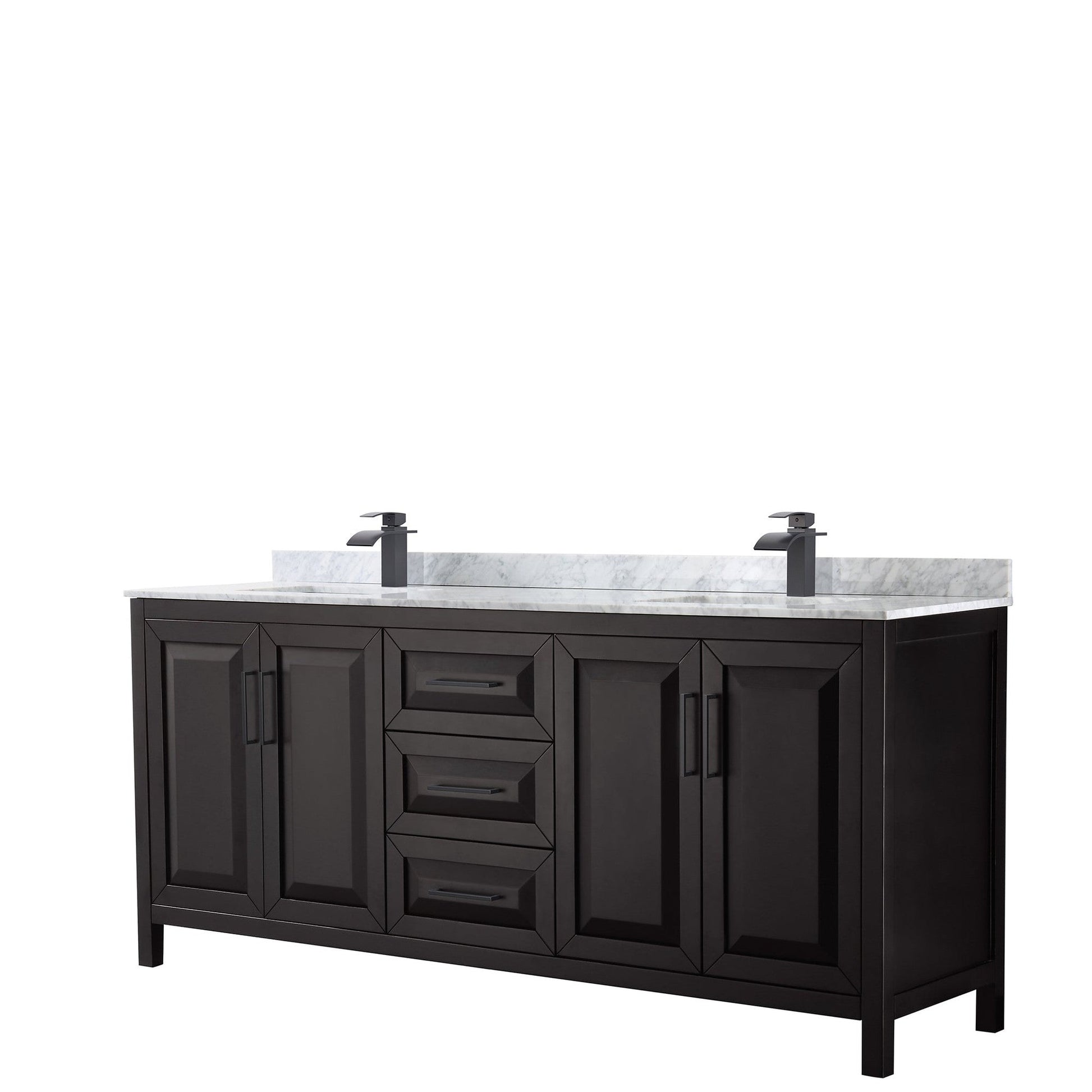 Wyndham Collection Daria 80" Double Bathroom Vanity in Dark Espresso, White Carrara Marble Countertop, Undermount Square Sinks, Matte Black Trim