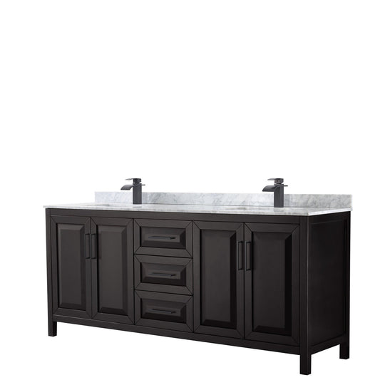 Wyndham Collection Daria 80" Double Bathroom Vanity in Dark Espresso, White Carrara Marble Countertop, Undermount Square Sinks, Matte Black Trim