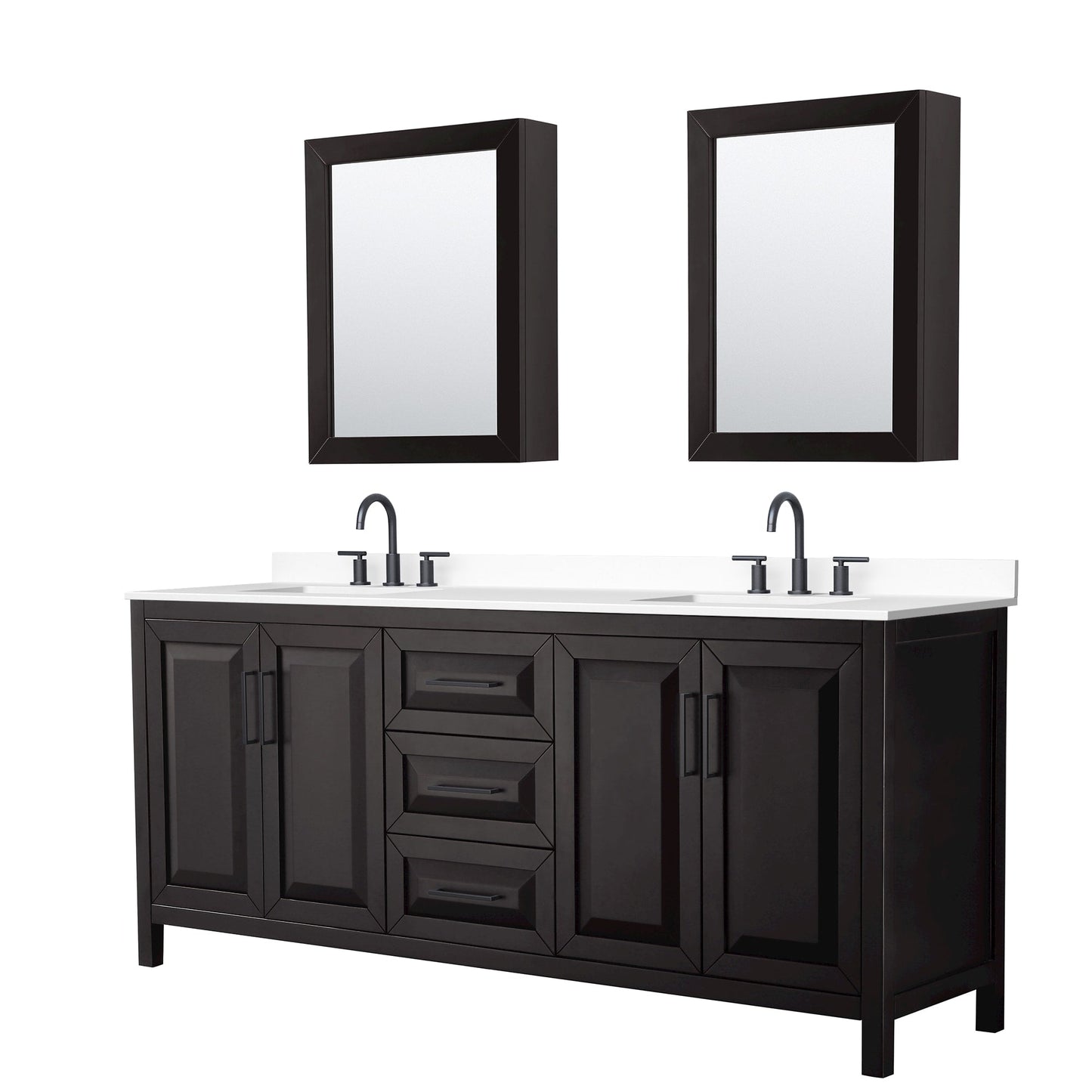 Wyndham Collection Daria 80" Double Bathroom Vanity in Dark Espresso, White Cultured Marble Countertop, Undermount Square Sinks (3-Hole), Matte Black Trim, Medicine Cabinets
