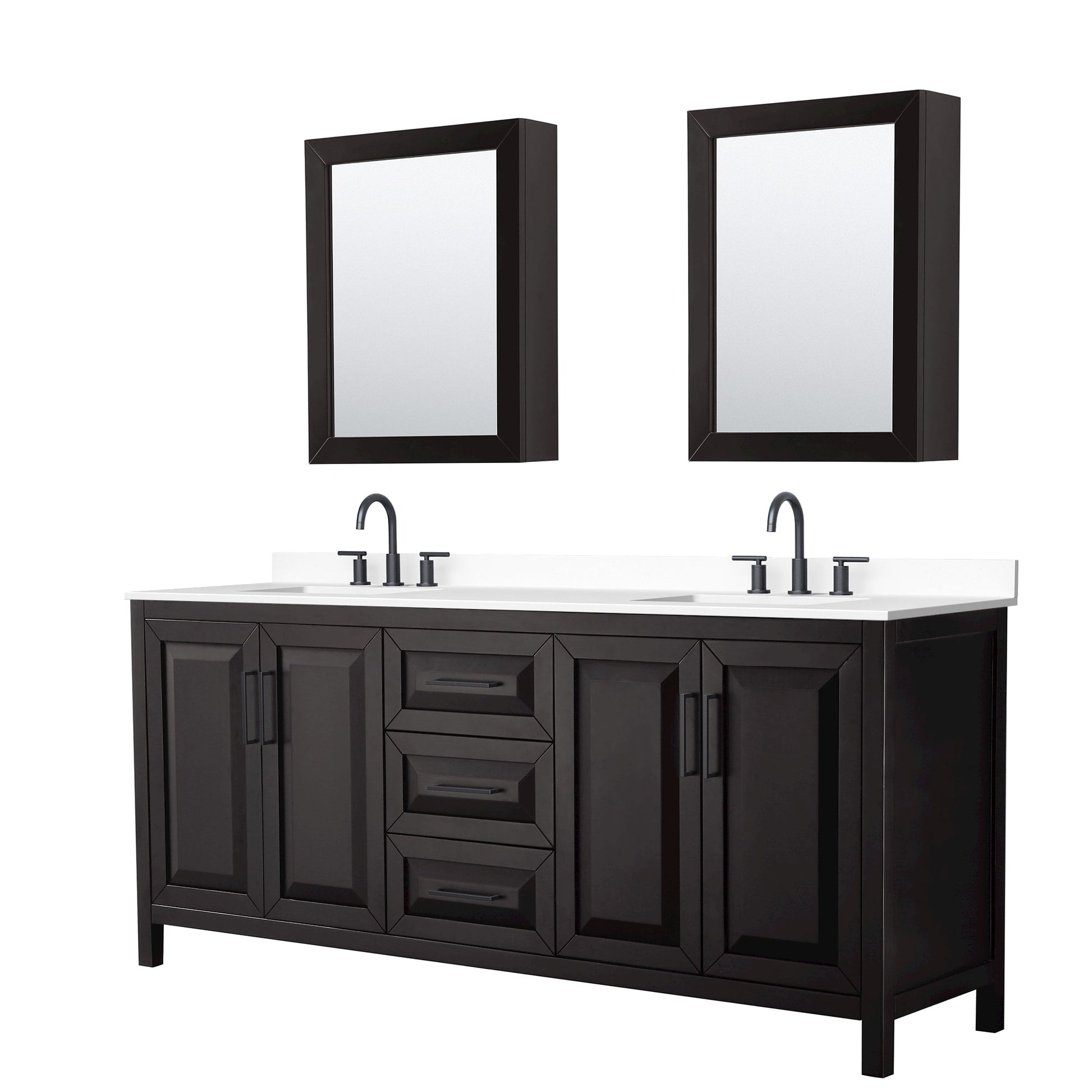 Wyndham Collection Daria 80" Double Bathroom Vanity in Dark Espresso, White Cultured Marble Countertop, Undermount Square Sinks (3-Hole), Matte Black Trim, Medicine Cabinets