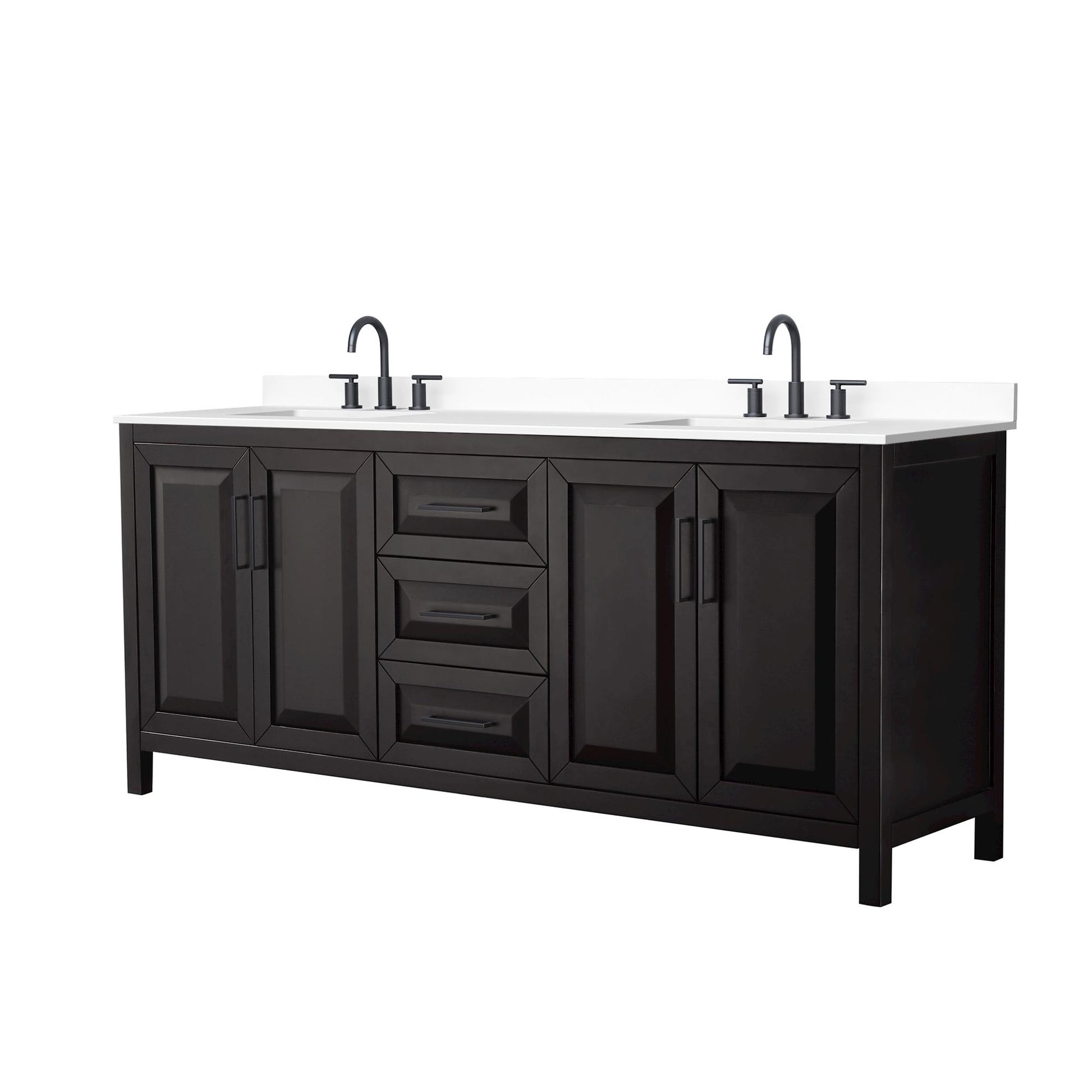 Wyndham Collection Daria 80" Double Bathroom Vanity in Dark Espresso, White Cultured Marble Countertop, Undermount Square Sinks (3-Hole), Matte Black Trim