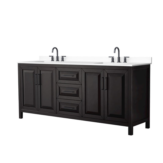 Wyndham Collection Daria 80" Double Bathroom Vanity in Dark Espresso, White Cultured Marble Countertop, Undermount Square Sinks (3-Hole), Matte Black Trim