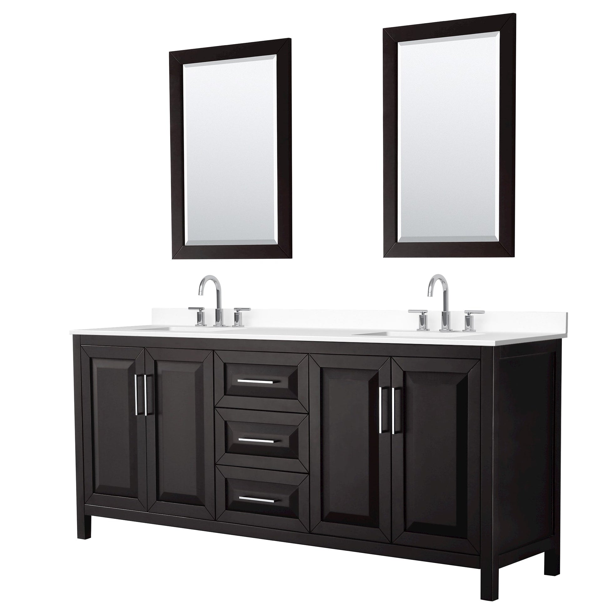 Wyndham Collection Daria 80" Double Bathroom Vanity in Dark Espresso, White Cultured Marble Countertop, Undermount Square Sinks (3-Hole), Polished Chrome Trim, 24" Mirrors