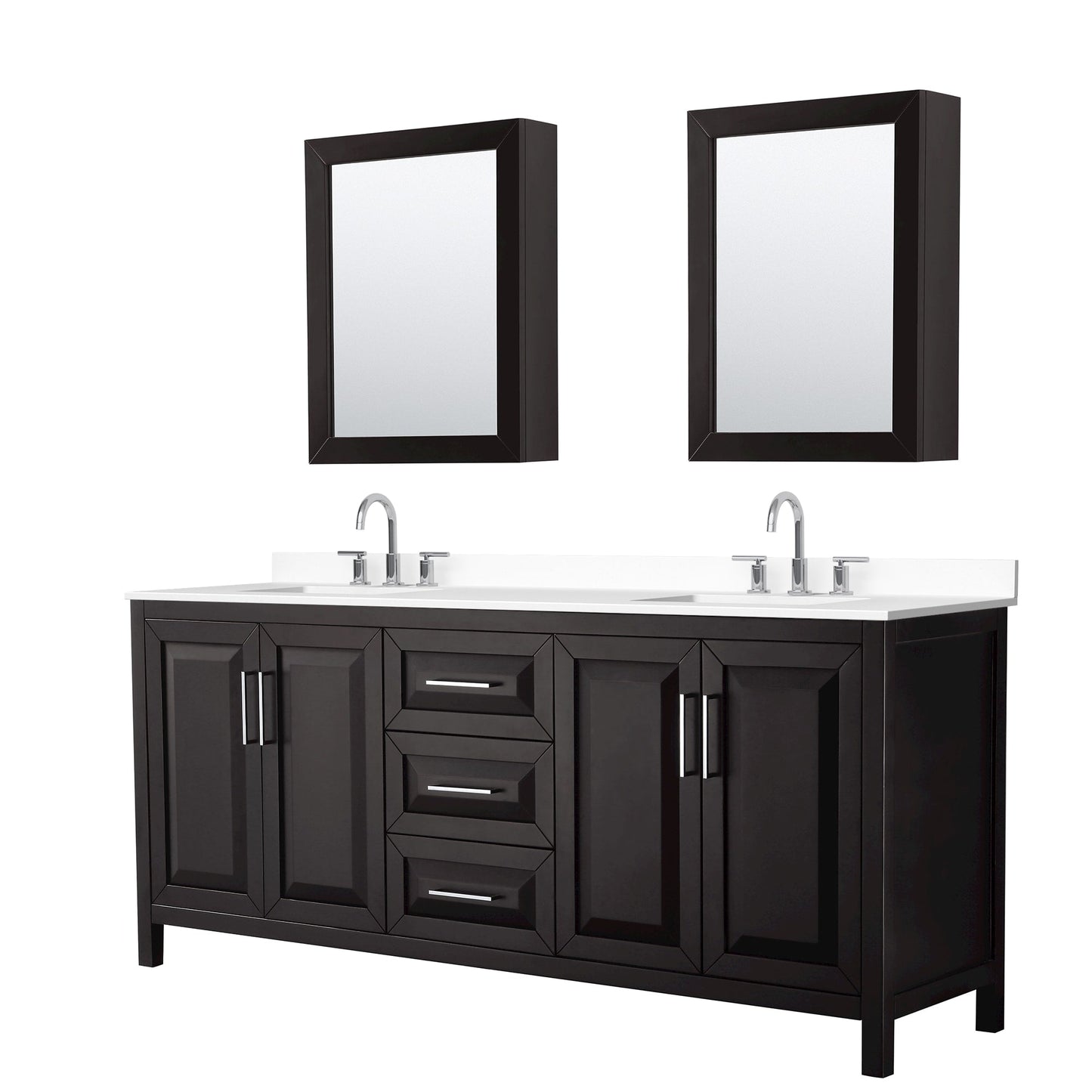Wyndham Collection Daria 80" Double Bathroom Vanity in Dark Espresso, White Cultured Marble Countertop, Undermount Square Sinks (3-Hole), Polished Chrome Trim, Medicine Cabinets