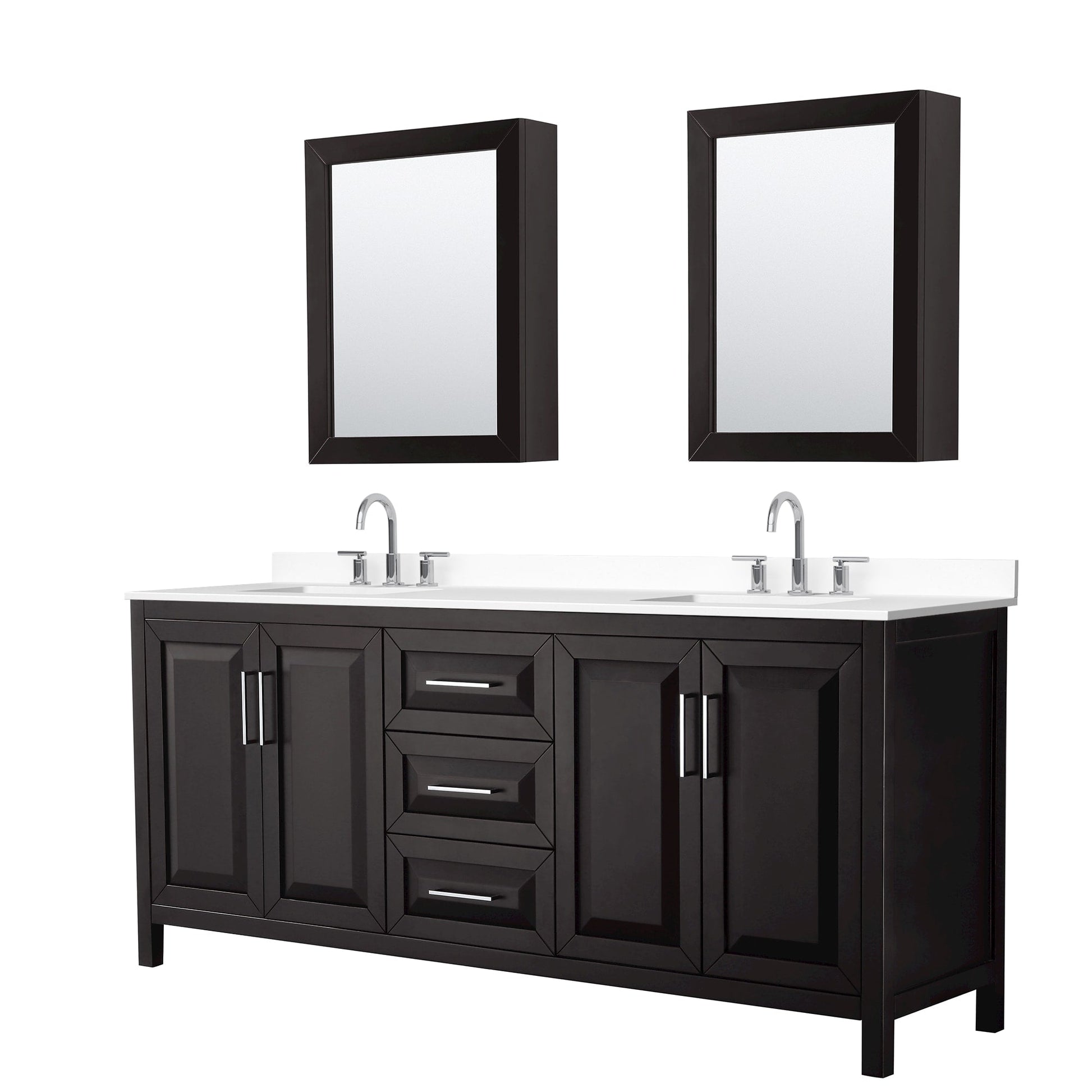 Wyndham Collection Daria 80" Double Bathroom Vanity in Dark Espresso, White Cultured Marble Countertop, Undermount Square Sinks (3-Hole), Polished Chrome Trim, Medicine Cabinets
