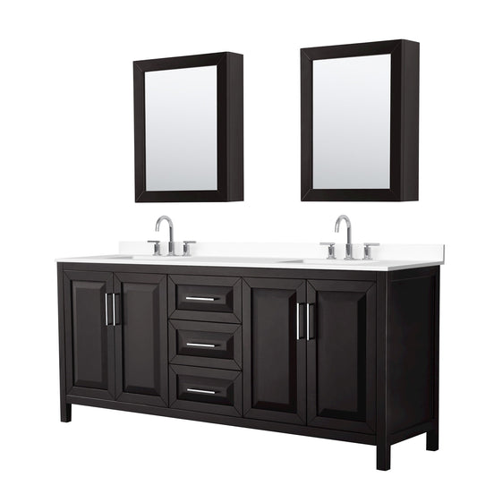 Wyndham Collection Daria 80" Double Bathroom Vanity in Dark Espresso, White Cultured Marble Countertop, Undermount Square Sinks (3-Hole), Polished Chrome Trim, Medicine Cabinets