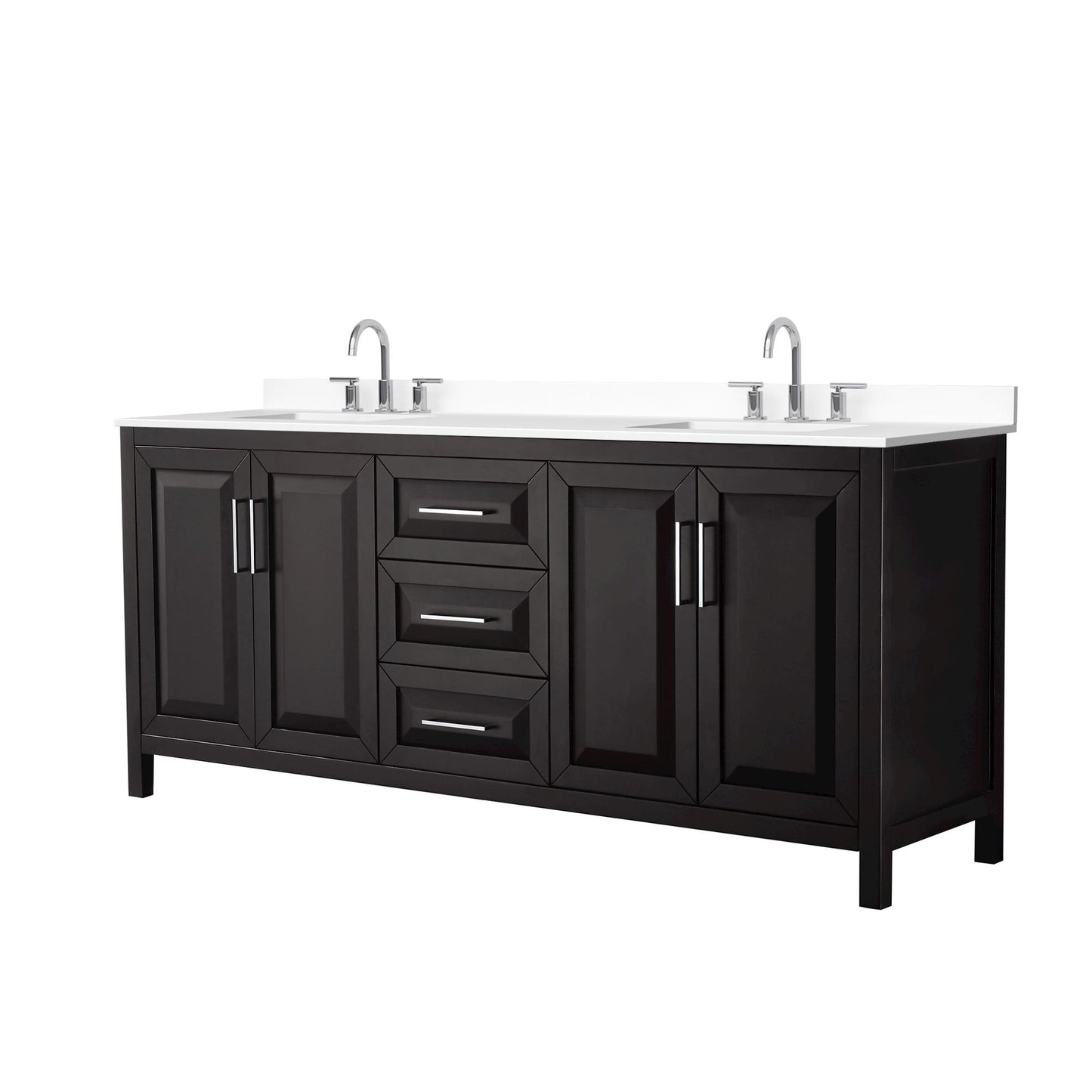 Wyndham Collection Daria 80" Double Bathroom Vanity in Dark Espresso, White Cultured Marble Countertop, Undermount Square Sinks (3-Hole), Polished Chrome Trim