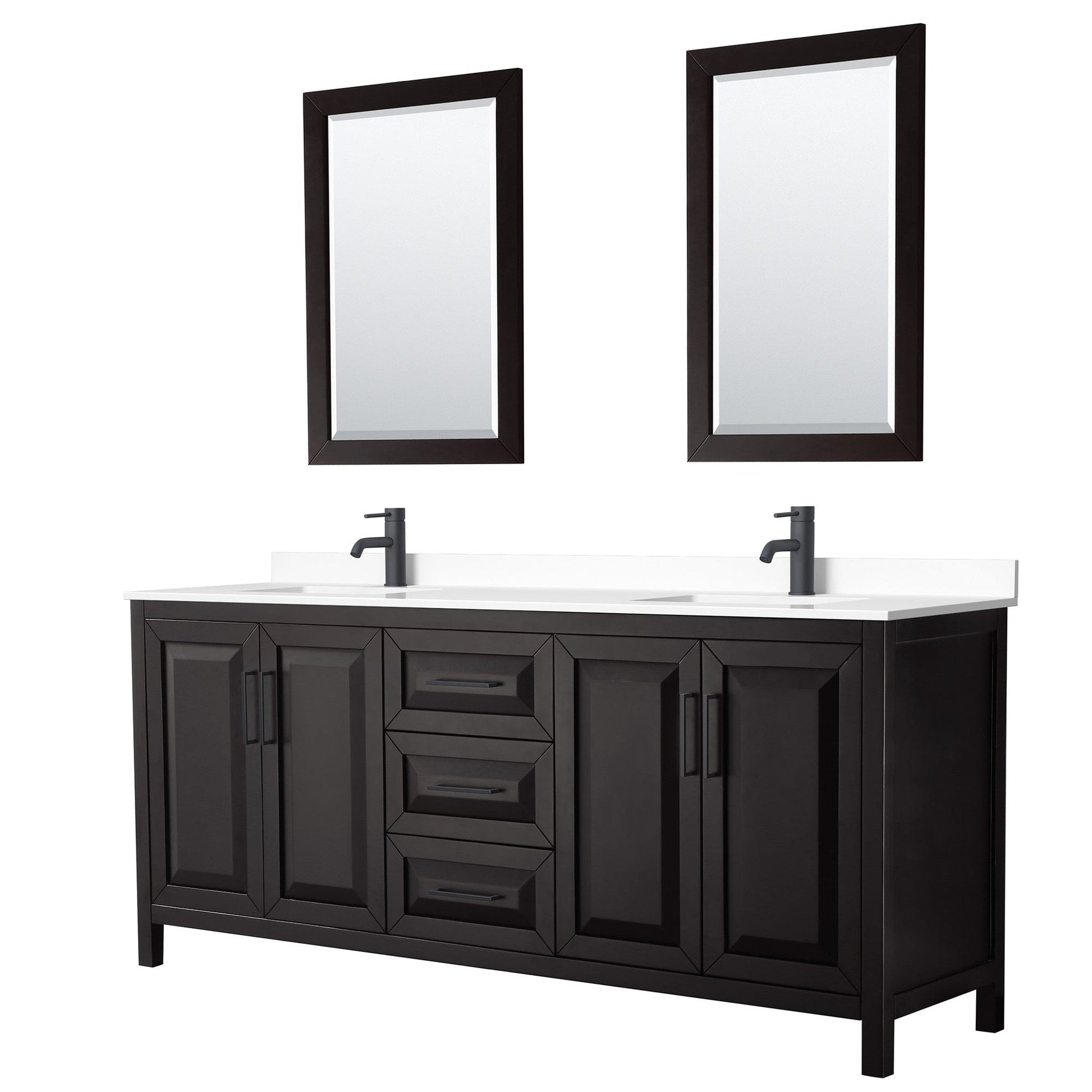 Wyndham Collection Daria 80" Double Bathroom Vanity in Dark Espresso, White Cultured Marble Countertop, Undermount Square Sinks, Matte Black Trim, 24" Mirrors