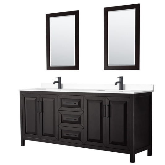 Wyndham Collection Daria 80" Double Bathroom Vanity in Dark Espresso, White Cultured Marble Countertop, Undermount Square Sinks, Matte Black Trim, 24" Mirrors