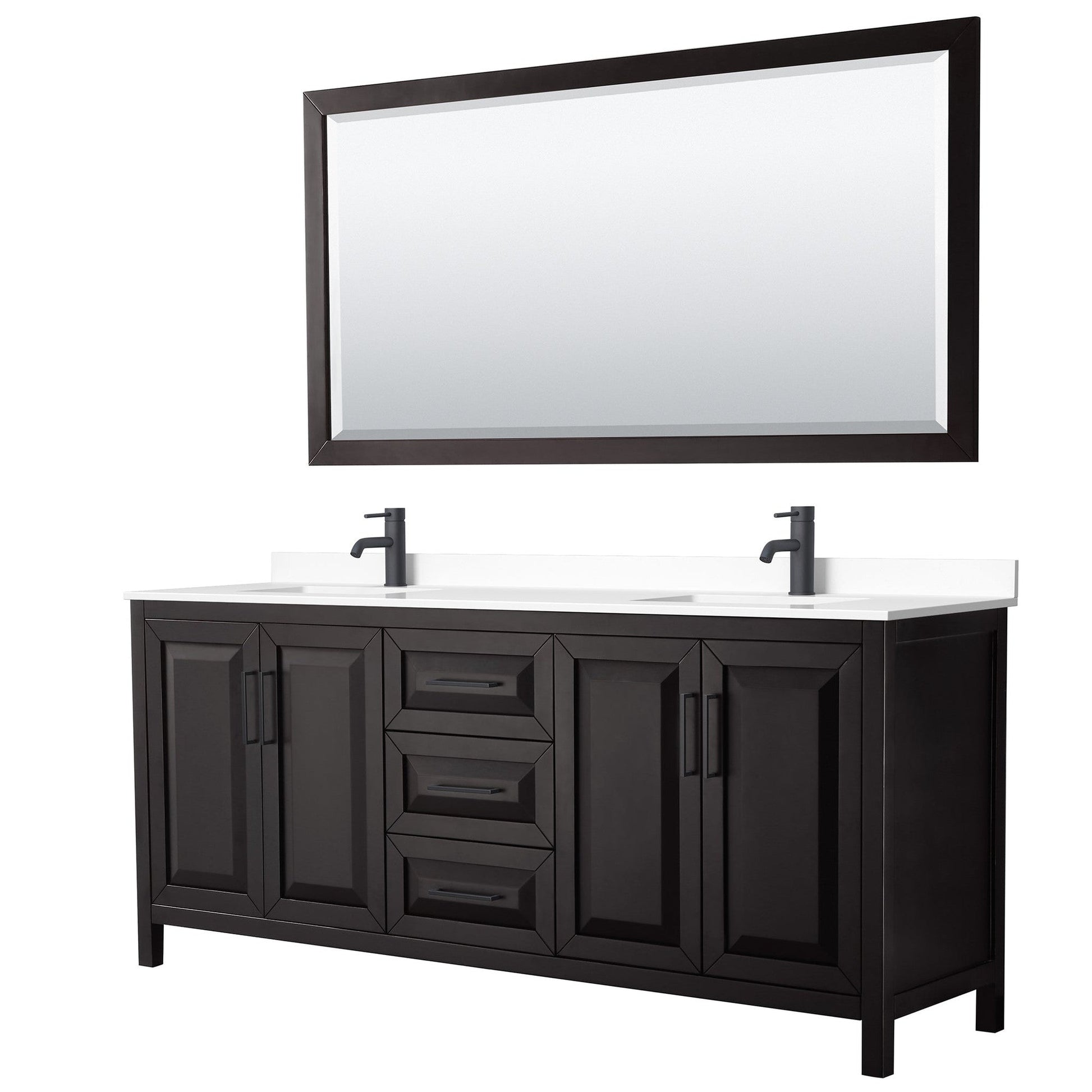 Wyndham Collection Daria 80" Double Bathroom Vanity in Dark Espresso, White Cultured Marble Countertop, Undermount Square Sinks, Matte Black Trim, 70" Mirror